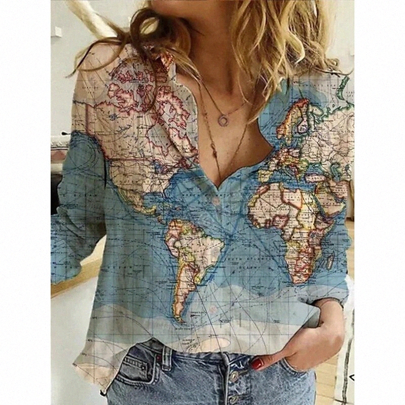 Abstrait Carte du monde occasionnel Imprimer Chemises à manches longues Tops J6XY #