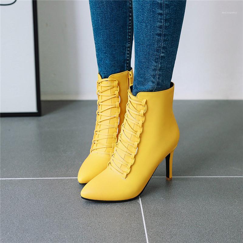 

2019 Fashion Cross Strap Stiletto Sexy Womens Shoes Yellow White Pointed Toe Thin High Heels Wedding Party Ankle Boots1, Black