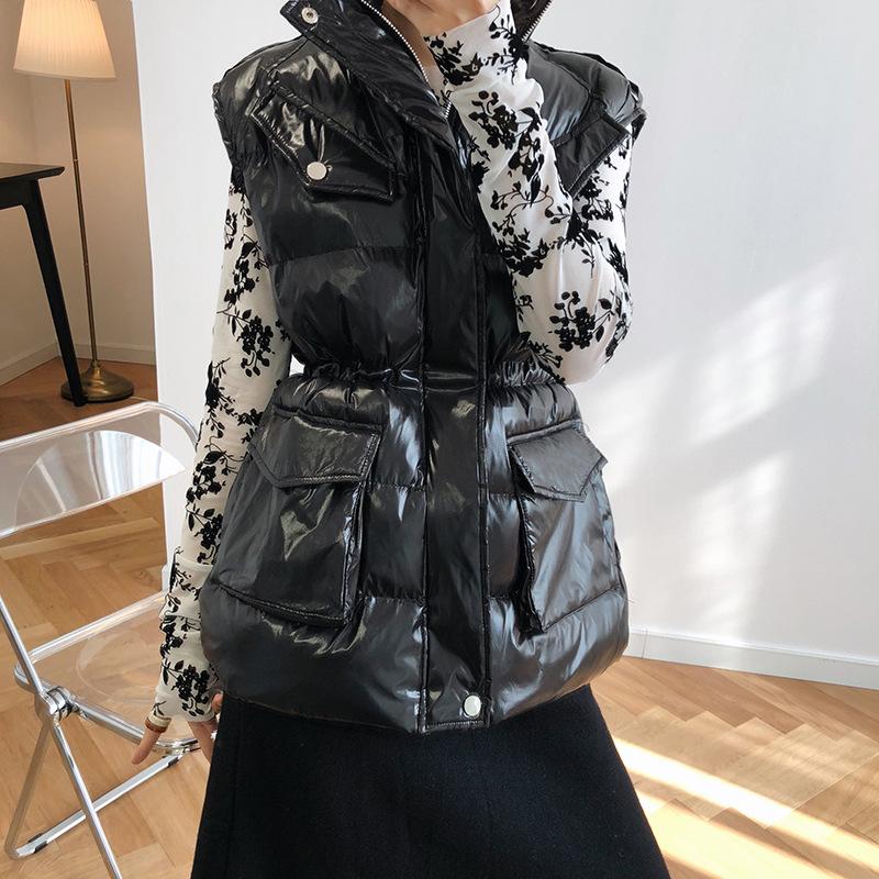 

2020 Winter Warm Down Coat Women Fashion Shiny Vest Zipper Pocket Vest Coat Sleeveless Cotton Parkas Women Femme Tops Streetwear, Beige