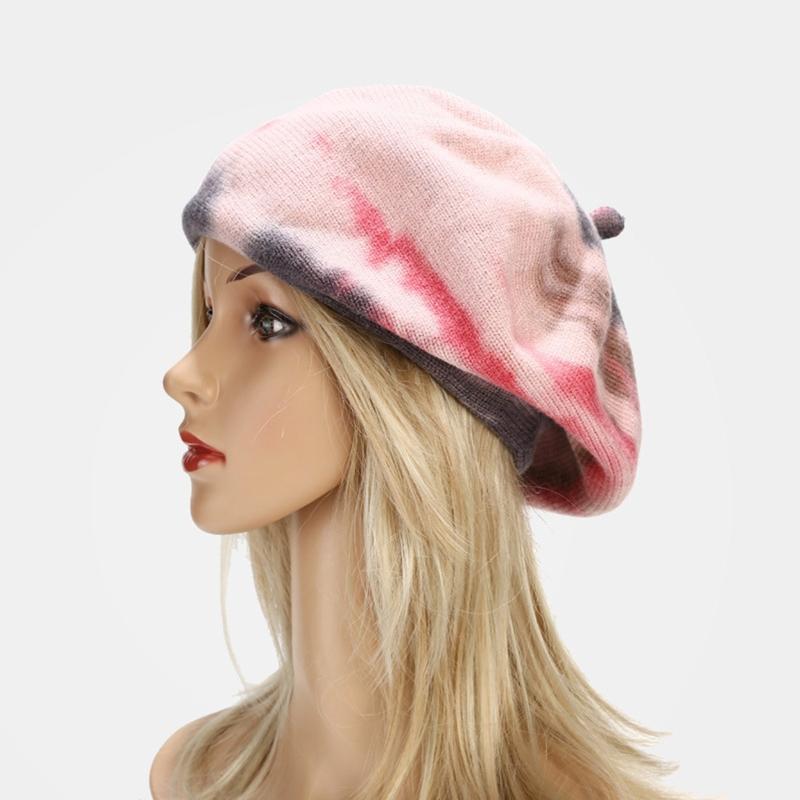 

Women Winter Faux Wool Knitted Beret Cap Colorful Tie-Dye Painter Beanies Cap