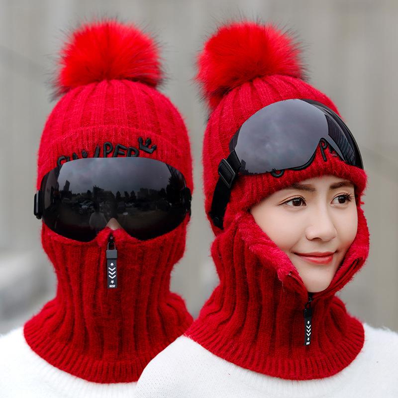 

Winter Knitted Caps Female Thicken Plush Ball Scarf Ring Letter Pattern Elastic All-Match Cold Proof Warm Caps With Glasses, Black black