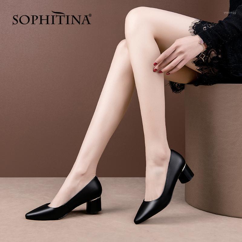 

SOPHITONA Mature Style Concise Pumps Woman Solid Black Shallow Pointed Toe Genuine Leather Med Metal Round Heel Shoe PO9831