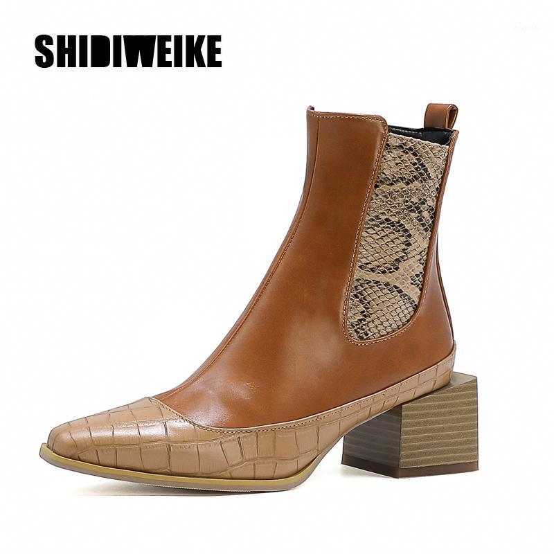 

fashion Snakeskin Leather Stitching Square Toe Chunky Heel ankle boots Stone Pattern Mid Heel Sexy Ankle Boots Snake va1051, Black