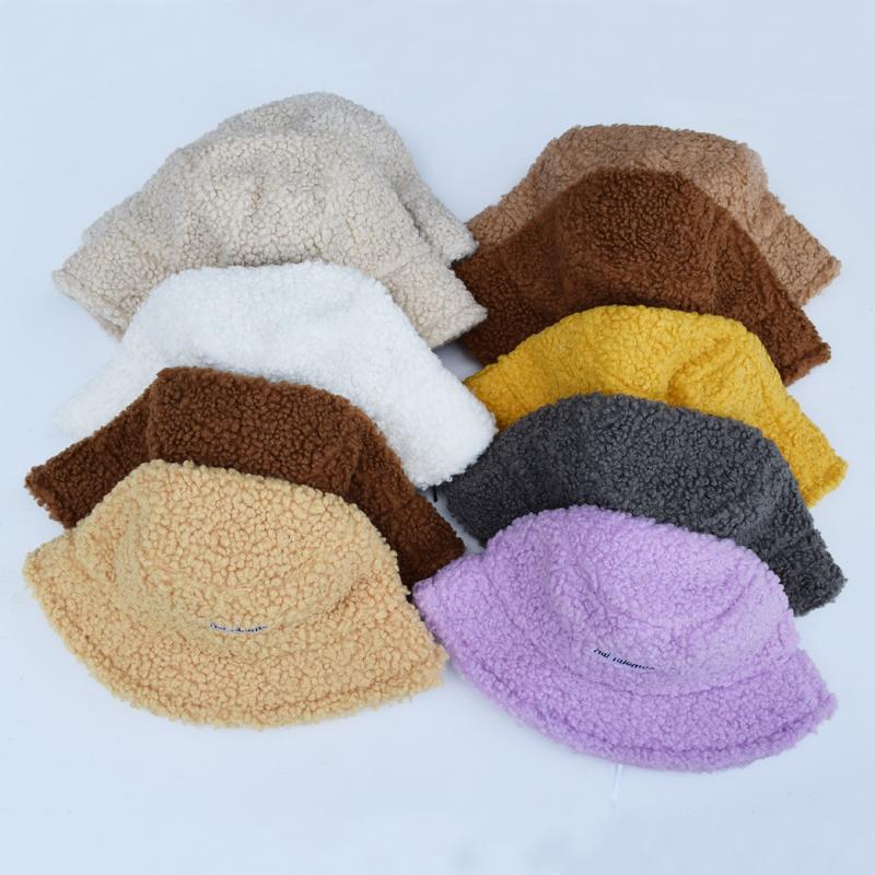 

New Korean Candy Colors Faux Fur Warm Bucket Hat Ladies Winter Basin Cap Women Outdoor Panama Female Fashion Letter Embroidery, Black b
