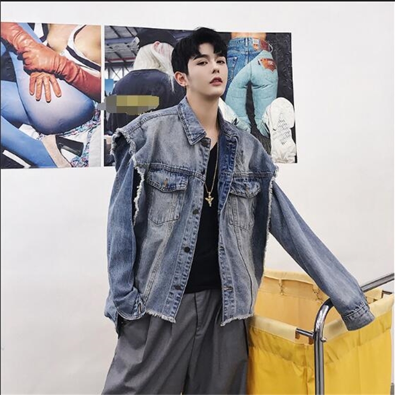 

2021 New Spring Autumn Personality Men Vintage Loose Beautiful Two Wear Long Sleeve Jacket Jeans Made of Age Wool Border. PIO7, Blue.