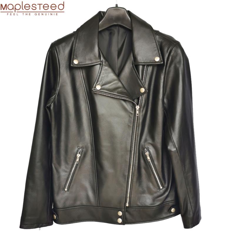 

Maplesteed Women Leather Jacket 100%Soft Sheepskin Female Coat Autumn Plus Size Long Loose Style Bust 92-116cm M486, Black color