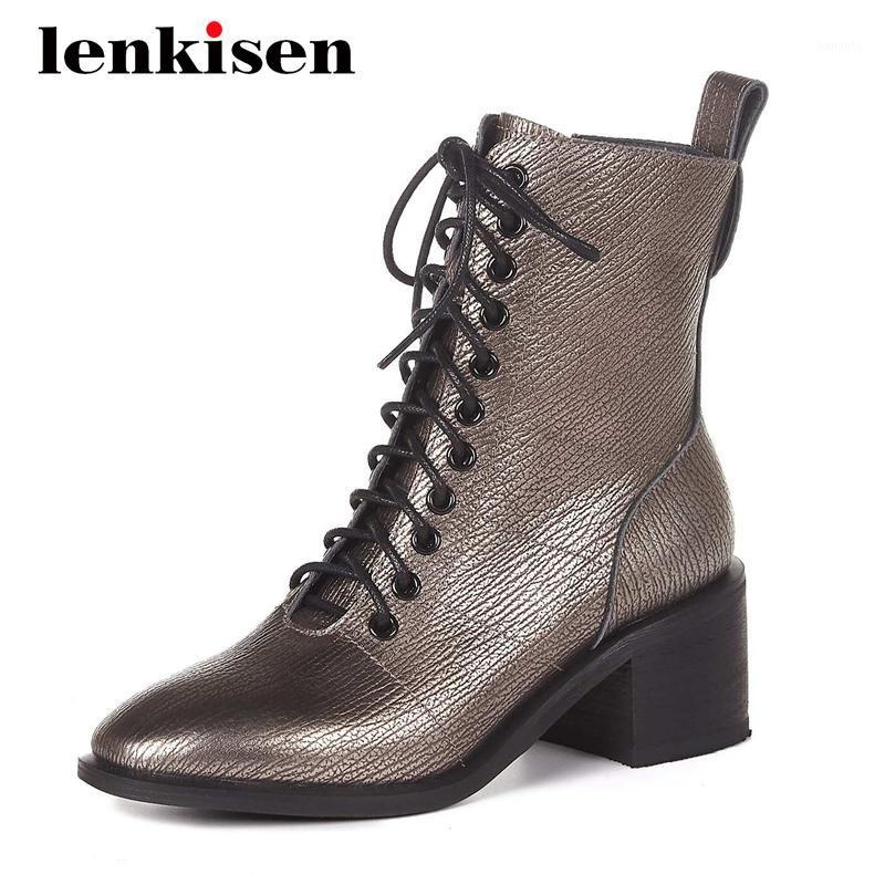 

Lenkisen large size genuine leather streetwear round toe thick high heel zipper young lady punk dress keep warm ankle boots L7f41, Black