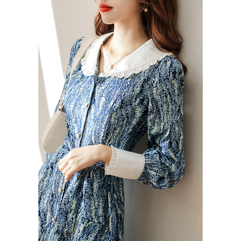 

New 2021 Spring Blue Cute Collar Women Elegant Long with Belt Vintage Flower Print Summer Vestidos Dt0r