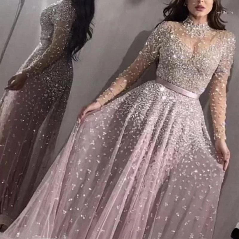 

Women Elegant Formal Evening Party Mesh Long Sleeve High Waist Sequins Shiny Wedding Long Dress 2020 Top High Quality Vestidos1, Lavender