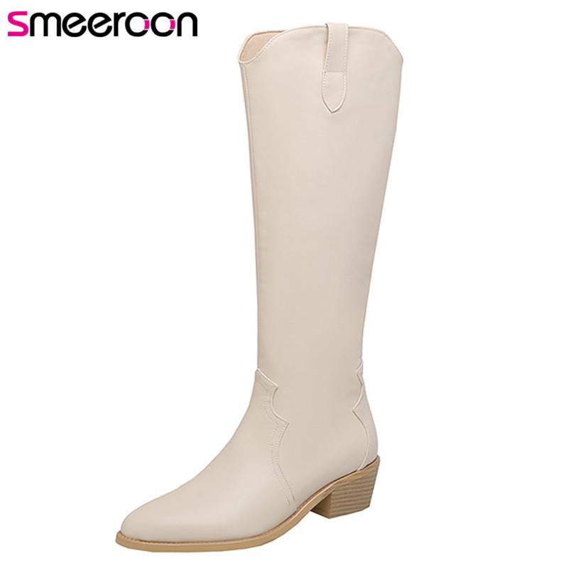 

Smeeroon 2020 big size 46 Western boots women pointed toe thick heel zip autumn winter casual shoes women knee high boots, Black not fur