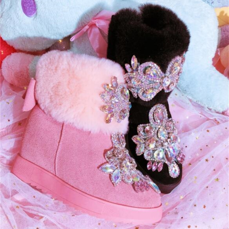 

2020 and New Winter Japanese Sweet Hand-studded Sequins Crystal Tube Girl's Heart Peach Snowboots Flat Ge7m, Black