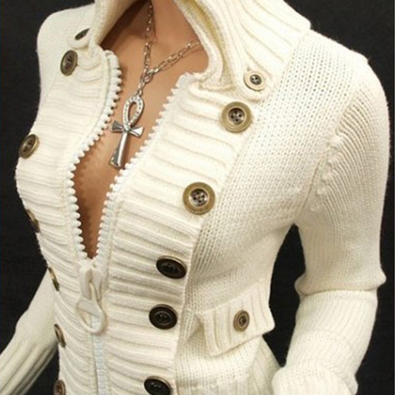 

Warm Autumn Winter Thiening Knitted Sweater Women Casual Zipper Polo Collar Loose Knitted Pullovers Female Buttons Jumper, Black