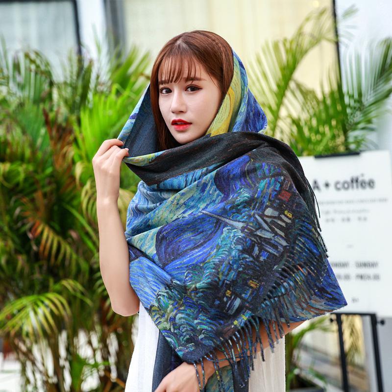 

New Cashmere scarf Fashion women Starry sky Oil Painting Digital Printing shawl and wraps bandana female foulard tassel stock1