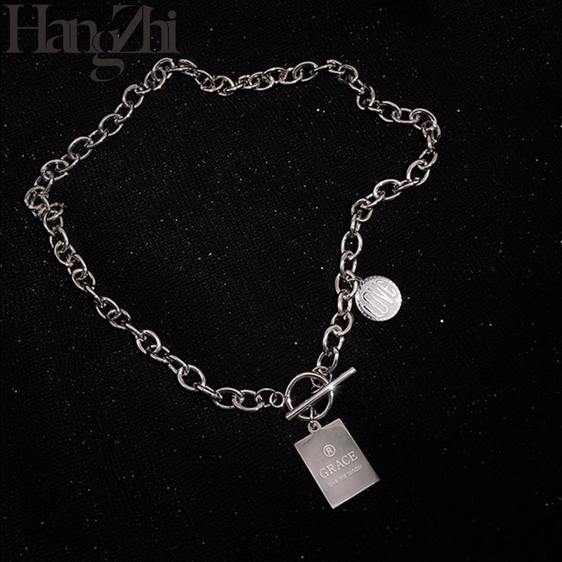 

HANGZHI 2020 New Trendy Minimalist Square Round Pendant No Fade Chain Unisex Titanium Steel Necklace for Women Men Jewelry Gift
