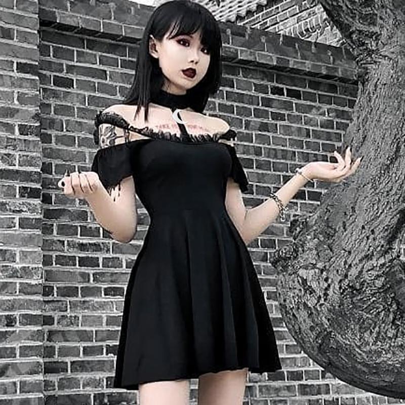 

Casual Dresses Gothic Black Sexy Women Halter Collar Short Sleeve Lace Slim Dress Goth Off Shoulder Spaghetti Straps Party Mini Pleated Dres