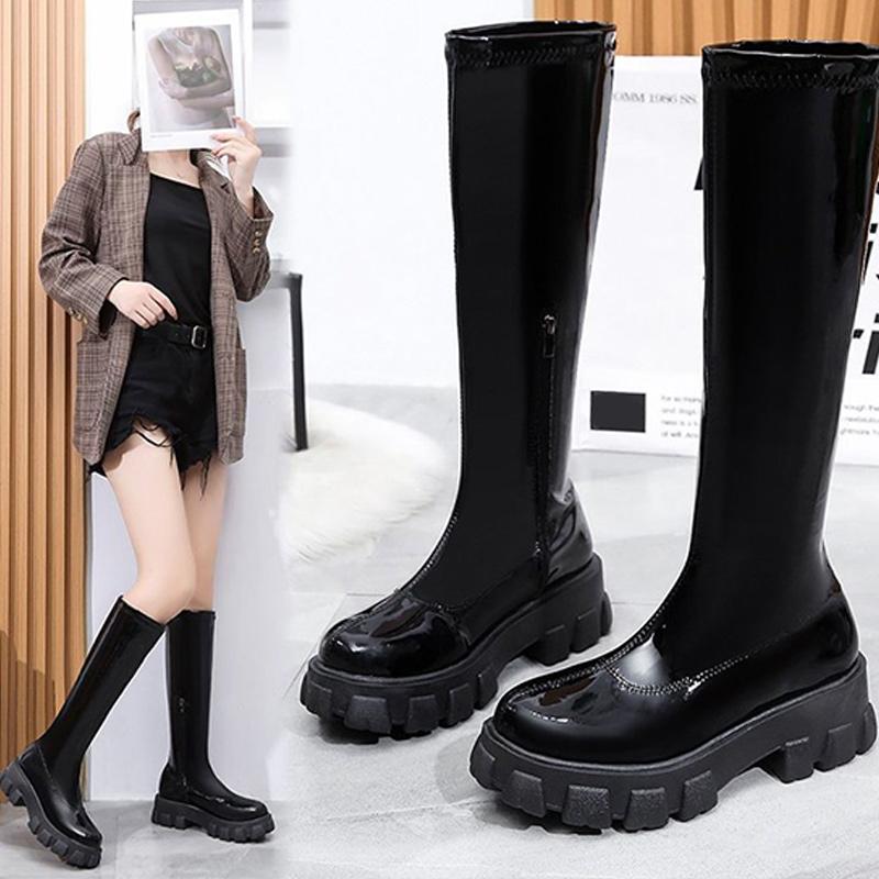 

Boots Women's Long PU Leather Platform Ladies Autumn Shoes 2022 Fashion Zipper Sewing Female Footwear Woman Knee High, Black