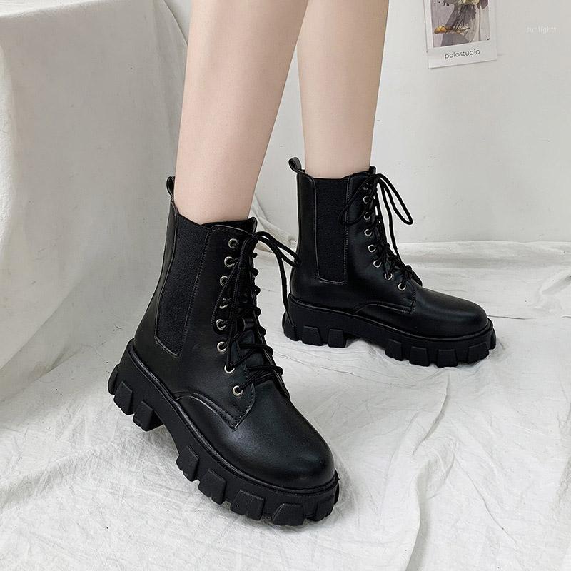 

Women shoes 2020 new fashion autumn winter platform solid ankle boots women high heels lace-up shoes for botas de mujer1, Black