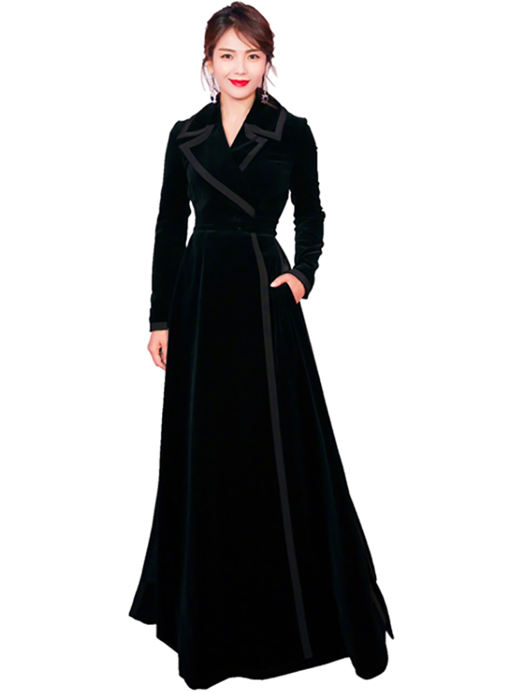 

HebaoLi same paragraph long cross knee black velvet windbreaker trench coat with the star autumn and winter western women