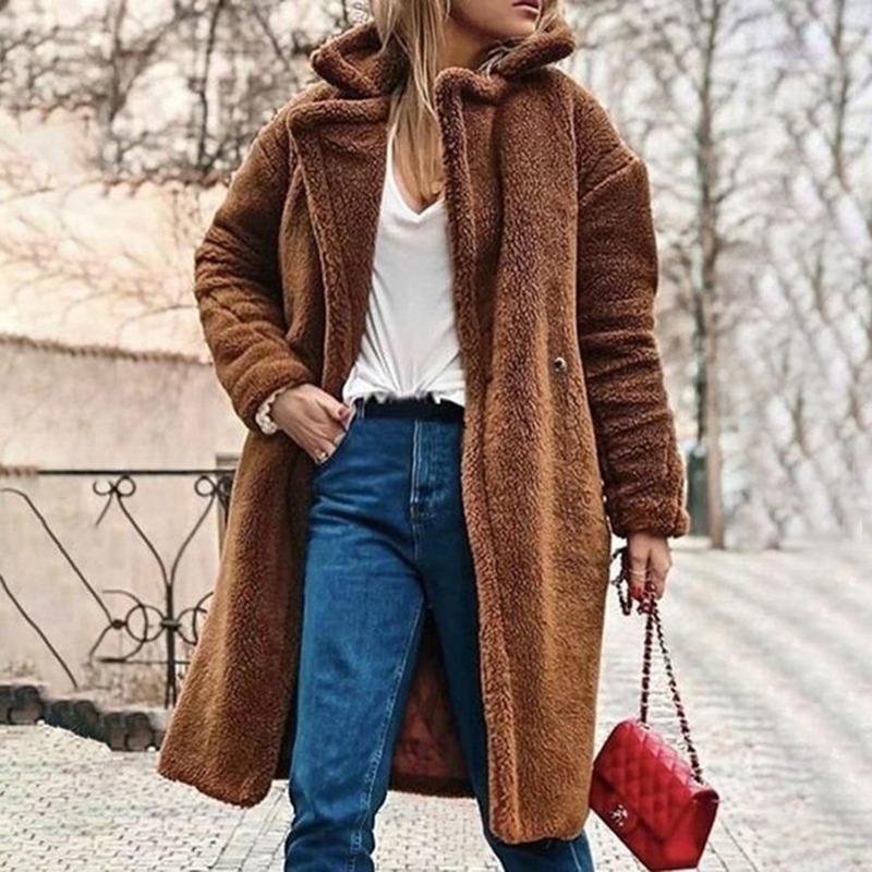 

Long Coat Wool Jacket Winter Warm Fur Coat Cardigan Office Lady Sexy Women Wool Blend Top Plus Size 2020, Beige