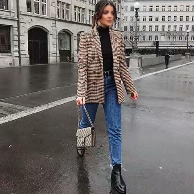 

Women Blazer Coat Fashion Plaid Button Lattice Suit Jacket with Shoulder Pads Jacket Autumn Blazers