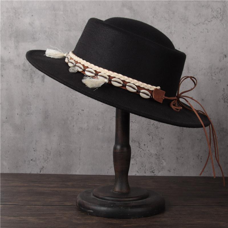 

100% Wool Women Men Fedora Hat For Spring Flat Pork Pie Hat Gentleman Flat Bowler Porkpie Top Jazz, Black