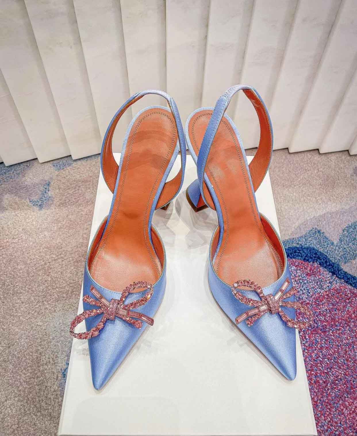 

Summer Luxury Rosie Sling Sandals Shoes Women's Pumps Bows Crystal-encrusted Stiletto Heel Pointed Toe Bridal Wedding Party Lady Gladiator Sandalias EU35-40
