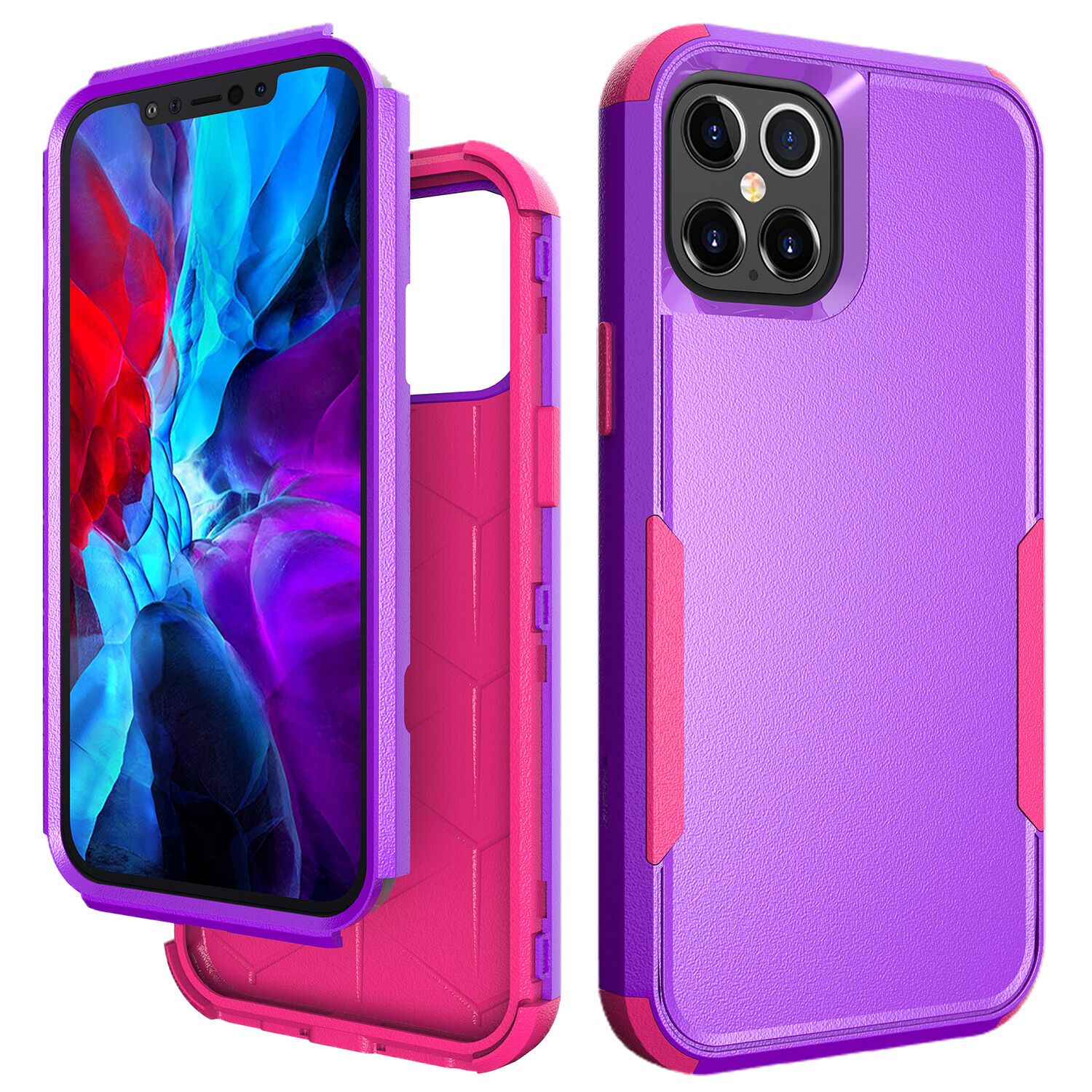 

For iPhone 12 Pro Max 6.7 12 Mini 5.4 Commander 3in1 Shockproof Phone Case Hybrid Heavy Duty Mobile Cover D1, Purple+hot pink