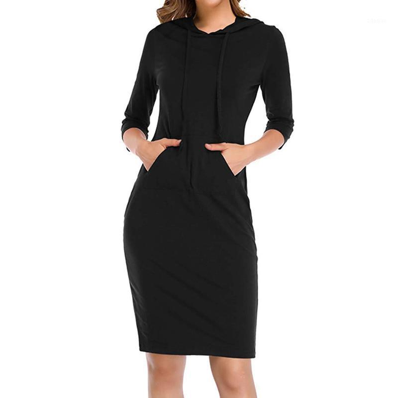 

KANCOOLD Dress Fashion Women Three Quarter Sleeve Hooded Drawstring Pockets Sweatshirt Dress Long Sleeve Loose Party Dresses1, Blue