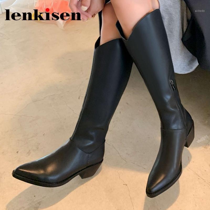 

Lenkisen new genuine leather pointed toe high heel western boots simple style young lady daily wear fashion knee-high boots L251, Black