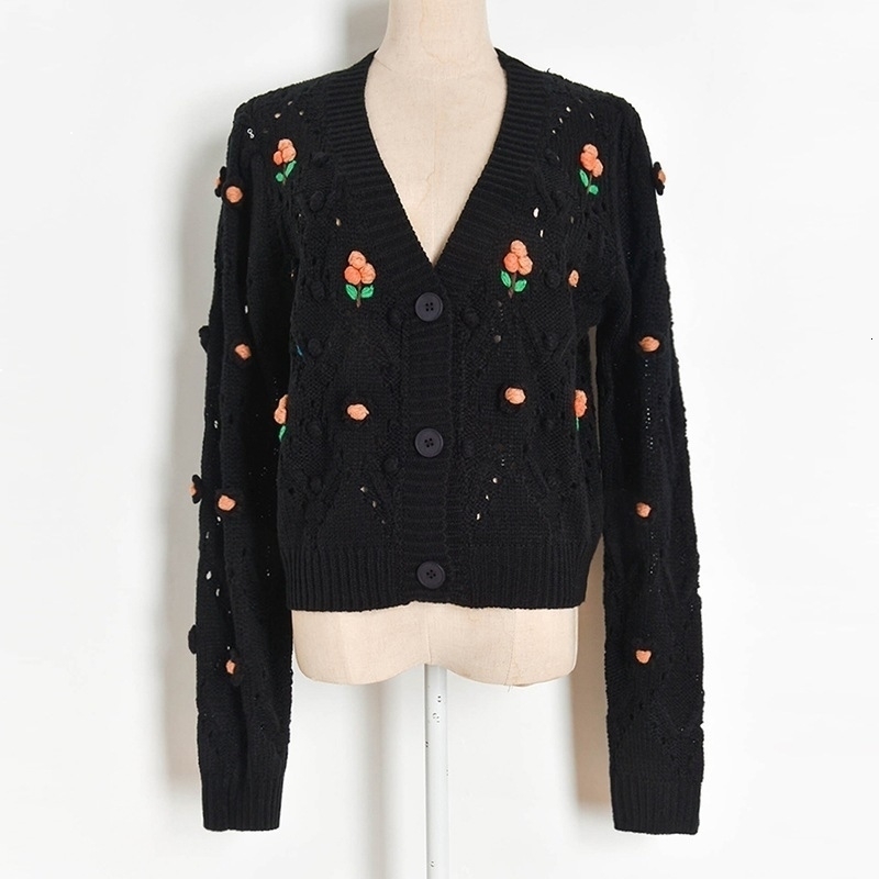 

Retro Fino Malha Topo Moda Feminina Flor Bordado Decote Em Camisola Fina Outono Roupas Femininas Doce Mangas Compridas Cardigan XUPU V0N3, Black