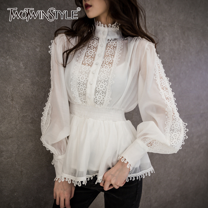 

Patchwork Hollow Out Elegant Women' Shirts Stand Collar Korean Blouse Female 2020 Autumn Oversized Fashion New T200321, Black