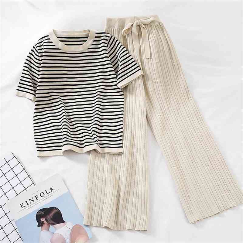 

women tracksuit summer striped blouse and pants 2 piece sets korean casual loose outfits knitted suits, White
