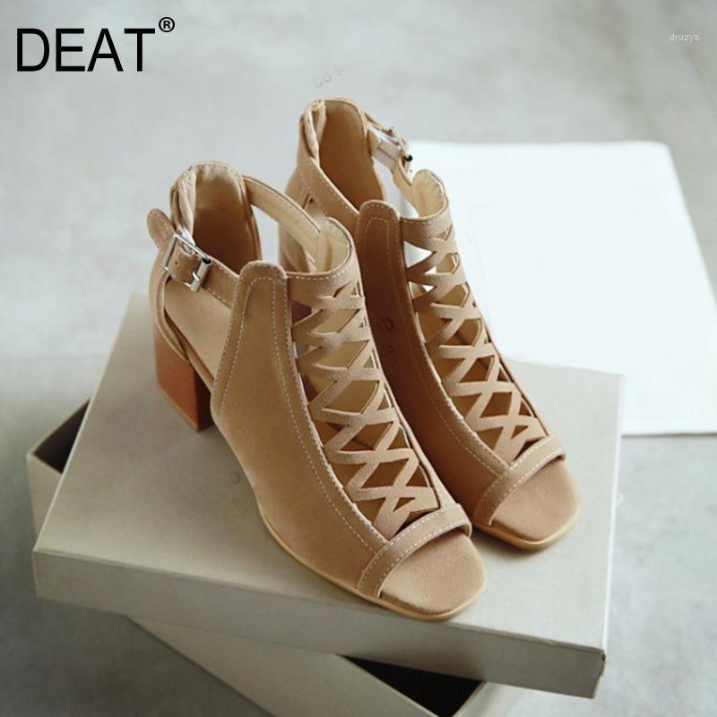 

[DEAT] 2020 New Spring Summer Open Toe Buckle Strap Hollow Out Mesh Pu Leather Sandals For Women Shoes Fashion Tide 10G8671, Beige