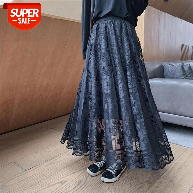 

Elastic High Waist Lace Skirts Womens Spring Autumn 2020 New Korean Elegant Casual A-Line Black Long Mujer Faldas Female #AK6d, White;black