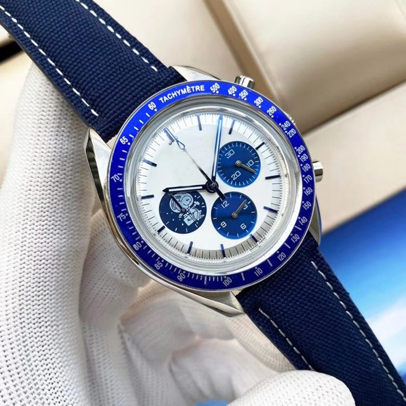 

New Style Quartz OS Movement Snoopy Full Fuction Chronograph White Dial Men Watch Blue Leather Band, Slivery;brown