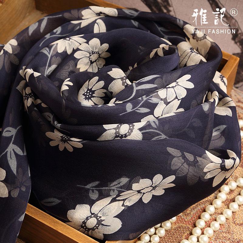 

Scarves Navy Blue Printed Silk Scarf Hangzhou 100% Shawl Long Spring Autumn Winter Summer