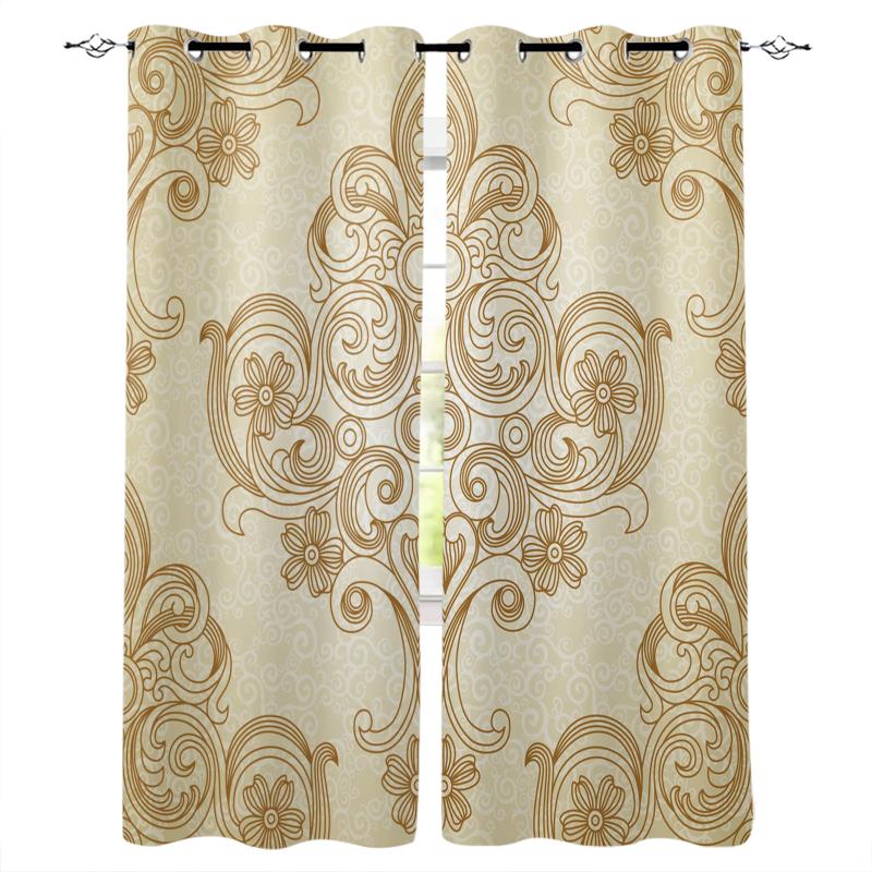 

Flowers Lines Brown Round Decoration Leaves Curtains for Living Room Bedroom Kitchen Home Supplies Ready-made Window Curtains, As pic
