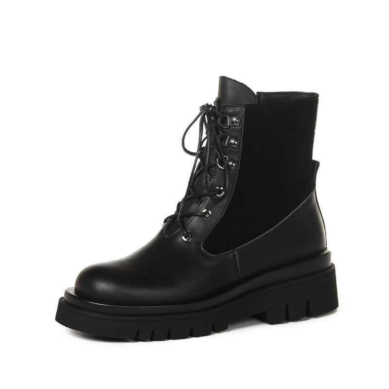 

2021 New Patchwork Genuine Leather Short Women Ankle Boots Office Shoes Woman Winter Warm High Heels Size 41 42 43 U3ep, Black