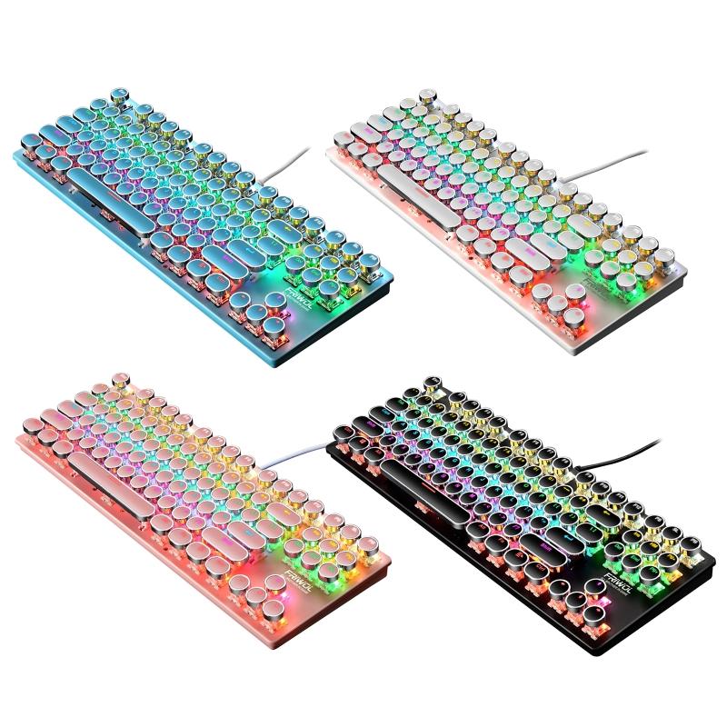 

2021 New Wired 87 Keys Green Axis Punk Mechanical Round Keycap RGB USB Backlight Keyboard