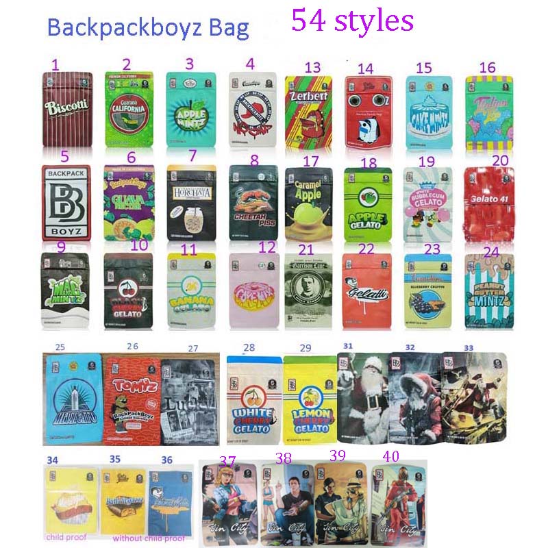 

54 styles backpack boyz 3.5g mylar bags 7g baggies GARISON GLUE Jin city with Backpackboyz stickers runtz plastic bags