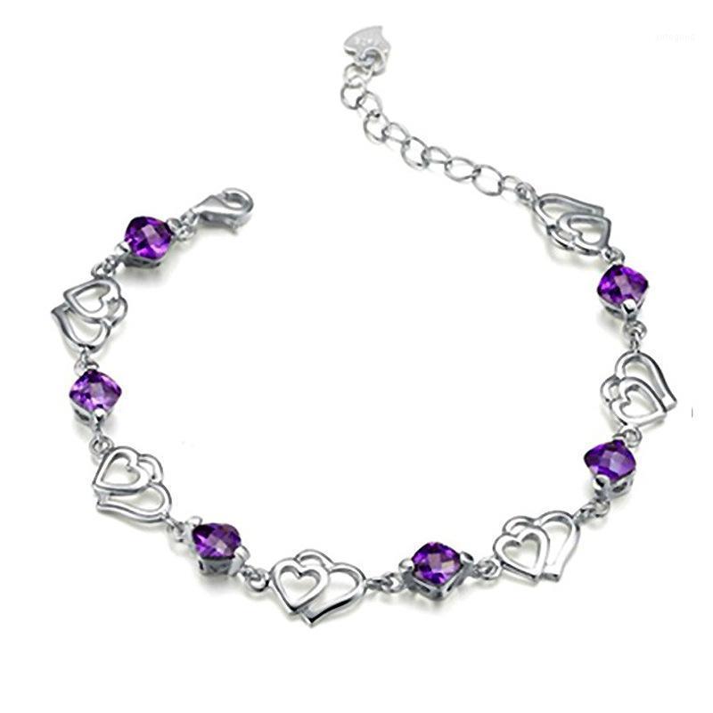 

Charm Bracelets Double Heart Bracelet Charms Purple Crystal & Bangles For Women Silver Color Plated Jewelry Bileklik Pulseira1