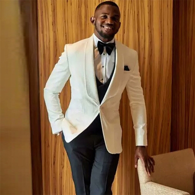 

White Wedding Tuxedo for Prom Men Suits 3 Piece Jacket Vest with Black Pants Slim Fit African Fashion Clothes Set Costumes 201106, Same as image