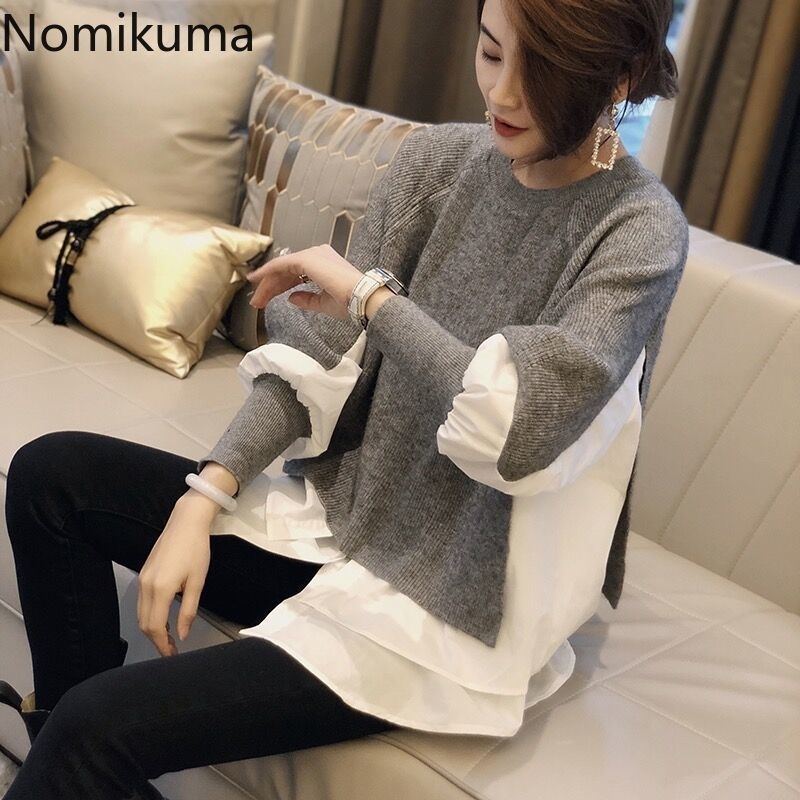 

Nomikuma Pull Femme Autumn Winter Korean Women Pullover Knitwear Patchwork Fake Two Pieces Loose Knitted Sweater 6C625 201111, Gray