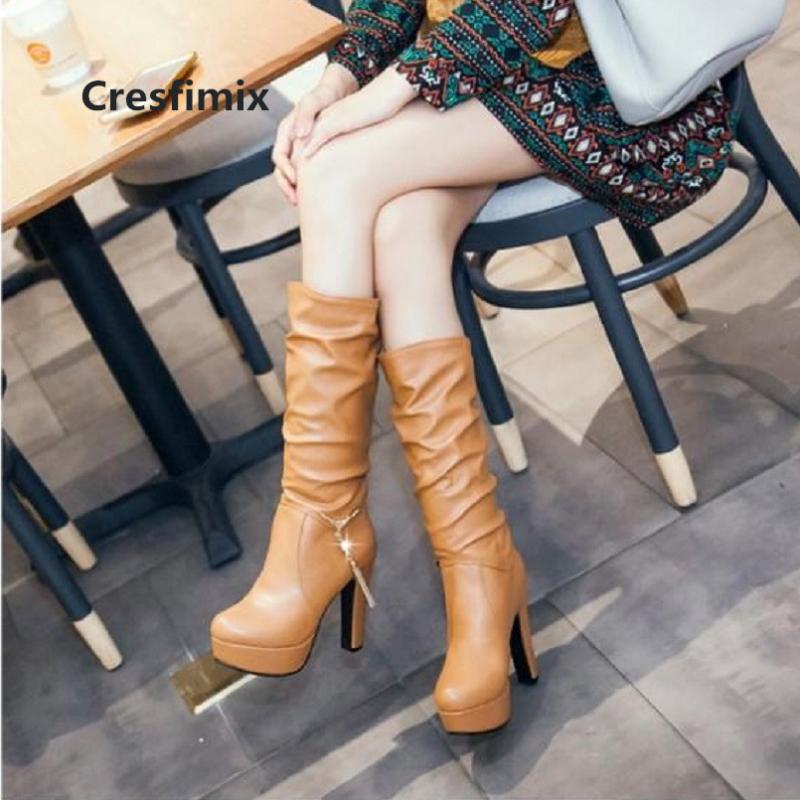 

Bottes Femme Women Cool Comfortable Autumn Brown Long Boots Lady Fashion Sweet High Heel Boots Flack Pu Leather E3070