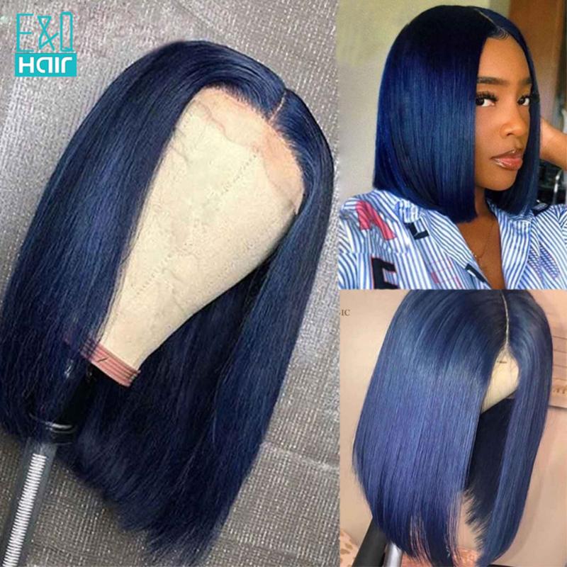 

Blue Color Part Lace Front Human Hair Wigs For Black Women Pre Plucked Brizalian Remy Short BOB Transparent Lace Front Wig 150%, As pic