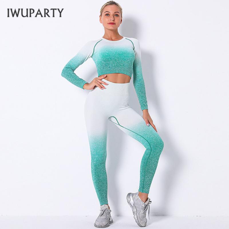 

IWUPARTY Seamless Gradient Yoga Set Gym Clothing Fitness Leggings+Crop Shirts Sport Suit Women Long Sleeve Tracksuit Active Wear, Black