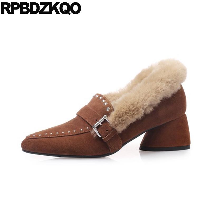 

rivet metal pumps block chunky 2021 designer slip on sheepskin shoes women size 33 suede thick stud fur brown black pointed toe