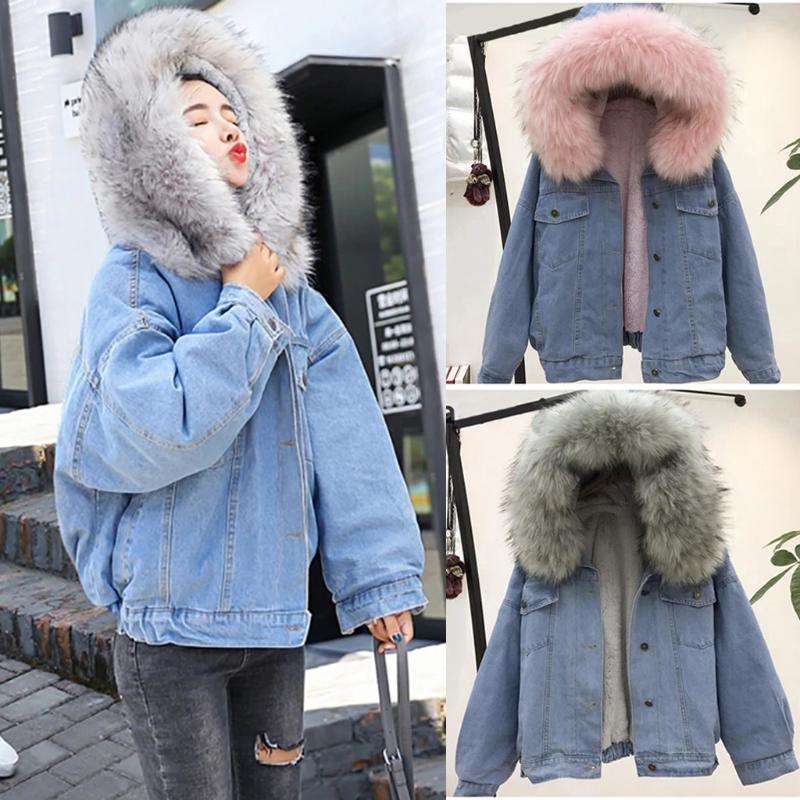 

Women Warm Denim Short Coat Collar Jacket Slim Winter Hooded Outwear Coats jaqueta feminina fur collar Coat Hooded Winter coats, Gy