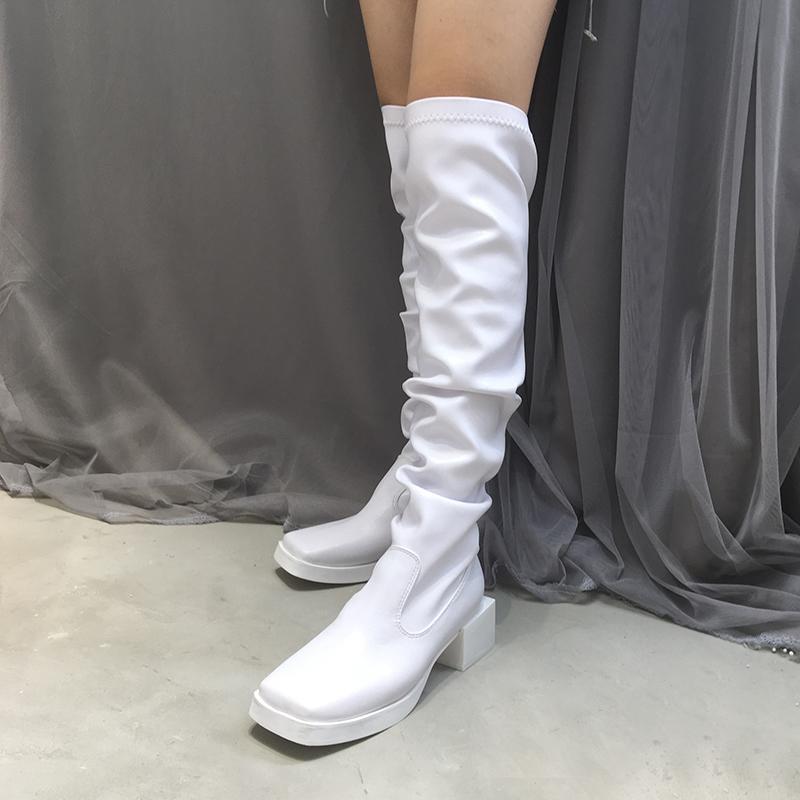 

DEAT 2021 New Spring Summer Fashion Square Head Thick Heel Over Knee Boots Women's Sleeve Pleated Elastic Thin Shoes SH571, Black