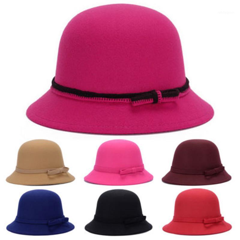 

2019 Fashion Women Wool Cloche Cap Bow Felt Wide Brim Bowler Hat1
